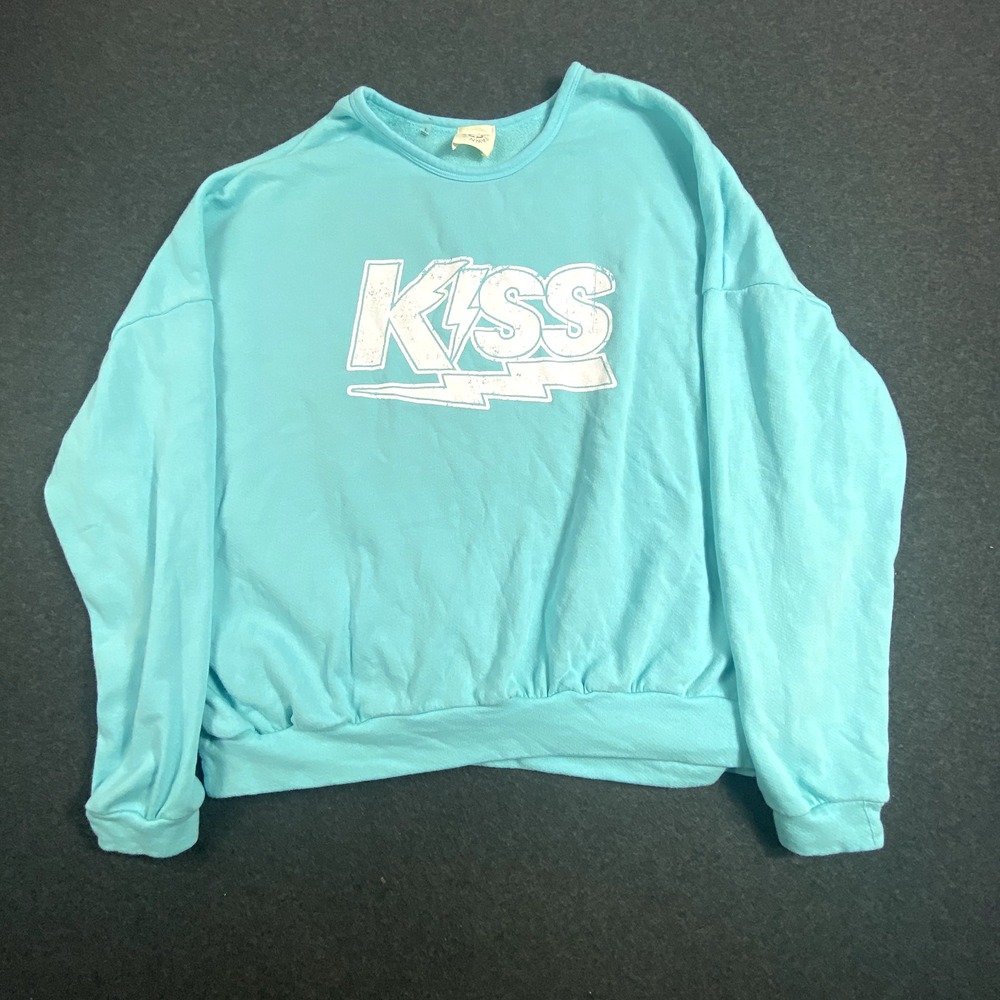 Fantastic Fawn KISS Band Graphic Sweatshirt Womens Large Aqua Blue Oversized